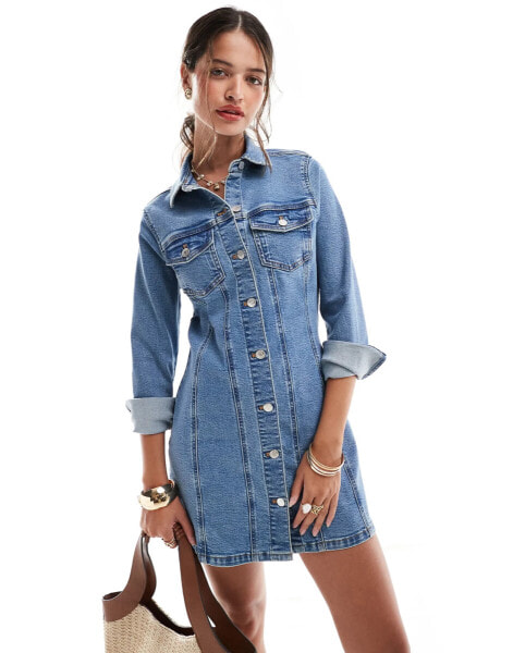 ASOS DESIGN denim fitted shirt mini dress in mid blue