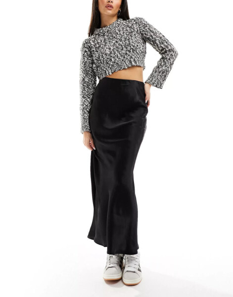 Stradivarius satin bias midi skirt in black