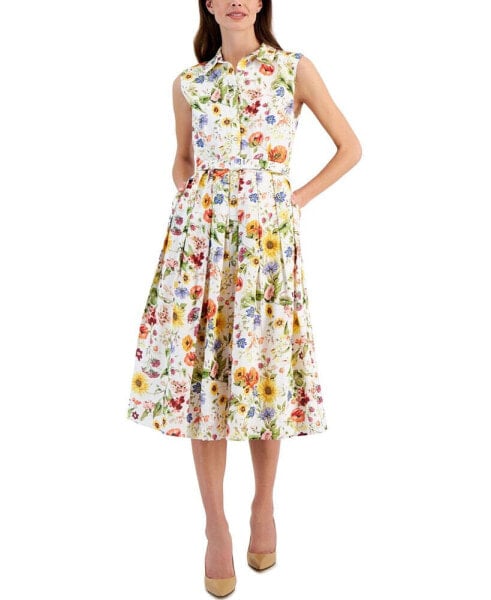 Women's Floral Printed Linen-Blend Belted Fit & Flare Midi Dress