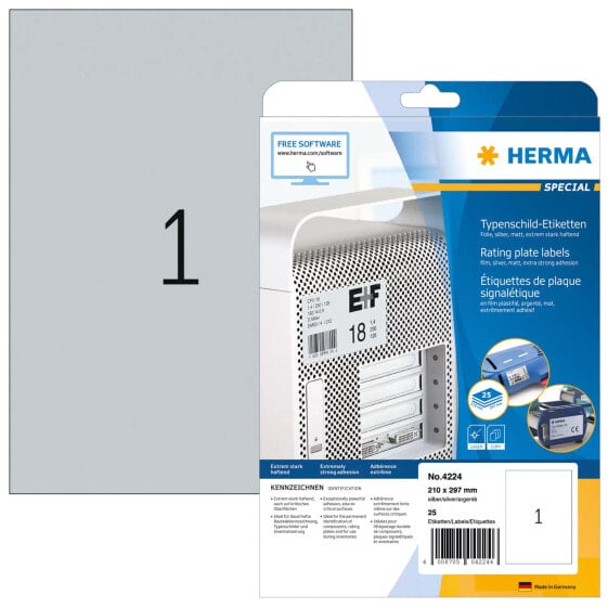 HERMA Rating plate labels A4 210x297 mm silver extra strong adhesion film matt 25 pcs. - Silver - Rectangle - Permanent - A - Polyester - Matte