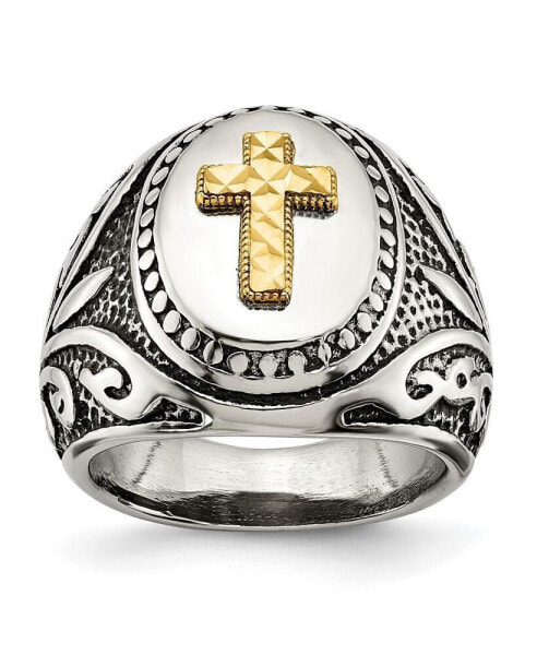 Stainless Steel 14k Gold Accent Antiqued Polished Cross Ring