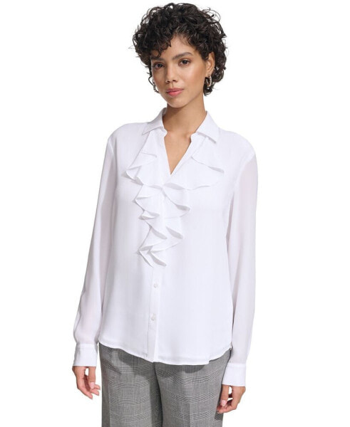 Women's Ruffle-Front Long-Sleeve Shirt