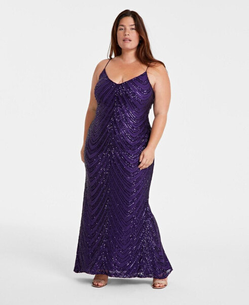 Trendy Plus Size Sequined V-Neck Sleeveless Gown