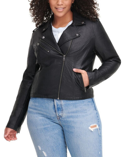 Plus Size Trendy Faux Leather Moto Jacket