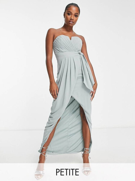 TFNC Petite bridesmaid exclusive bandeau wrap midaxi dress with pleated detail in sage