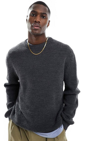 ASOS DESIGN oversized knitted fisherman rib jumper in charcoal