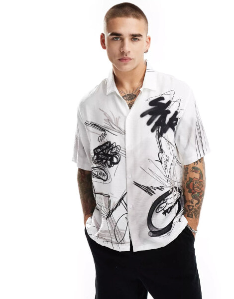 Bershka scrible printed shirt in white