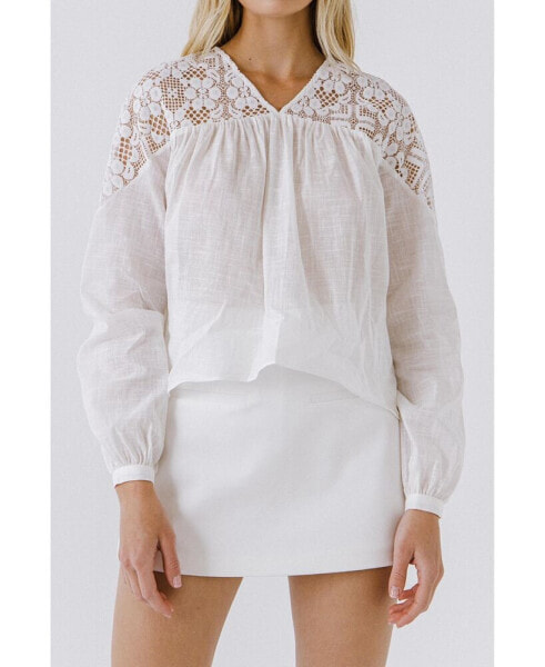 Women's Lace Yoke With Long Sleeve Blouse