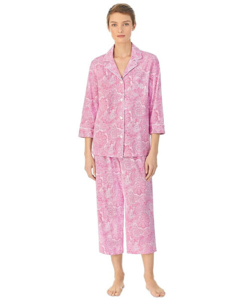 Womens 3/4 Sleeve Cotton Notch Collar Capri Pant Pajama Set