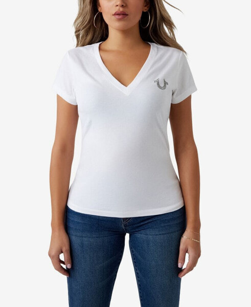 Women's Short Sleeve Crystal Buddha Slim V-neck T-shirt