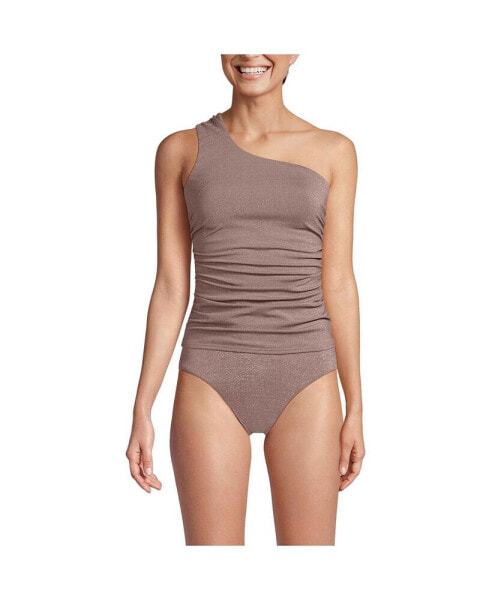 Women's Chlorine Resistant Shine Shirred One Shoulder Tankini Swimsuit Top