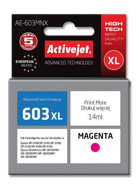 Activejet AE-603MNX ink (replacement for Epson 603XL T03A34; Supreme; 14 ml; magenta) - High (XL) Yield - Dye-based ink - 14 ml - 1 pc(s) - Single pack