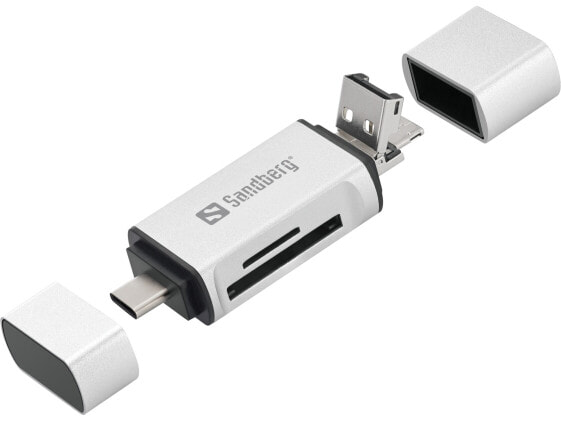 SANDBERG Card Reader USB-C+USB+MicroUSB - MicroSD (TransFlash) - SD - Silver - USB - 18 g - 1 pc(s) - 80 mm