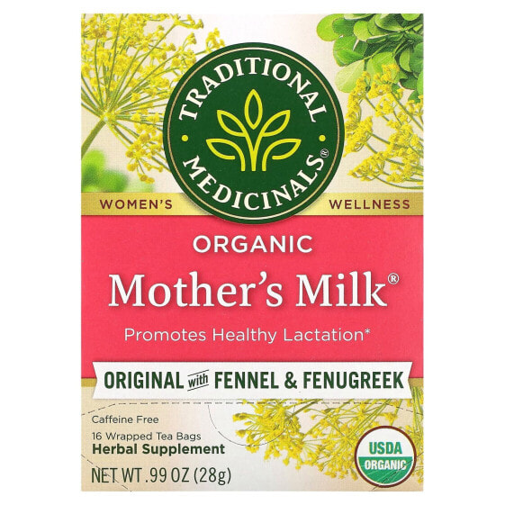Травяной чай Traditional Medicinals для кормящих мам Organic Mother's Milk с фенхелем и фенугреком 16 пакетиков, без кофеина, 28 г