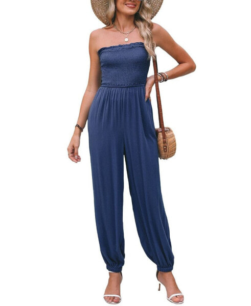 Women's Blue Smocked Bodice Tube Top Tapered Leg Jumpsuit