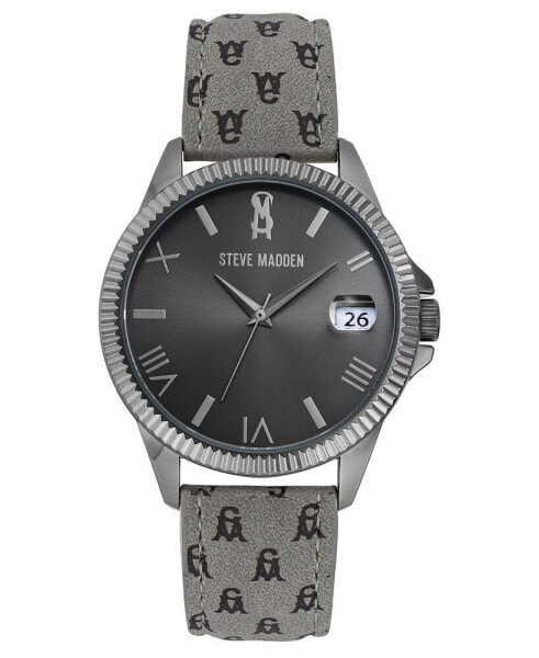 Women's Gray Polyurethane Leather Strap with Black Steve Madden Logo and Stitching Watch, 41mm