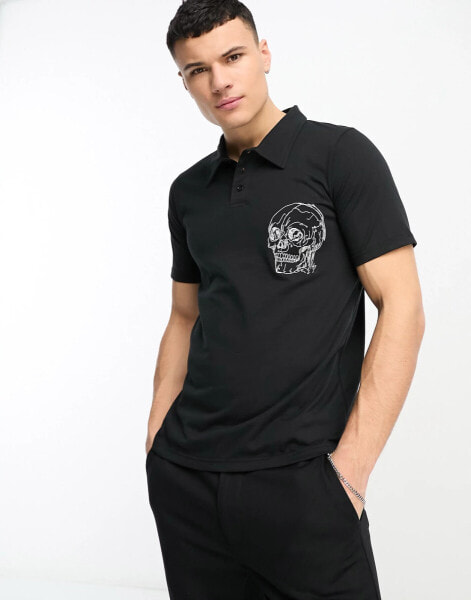 Bolongaro Trevor short sleeve polo in black with skull front print