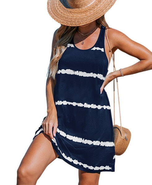 Women's Black-and-White Tie Dye Stripe Mini Beach Dress