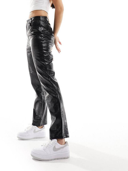 River Island shiny croc effect straight leg trouser in black