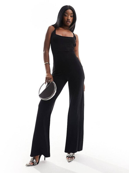 ASOS DESIGN square neck wide leg jumpsuit with back strap details in black