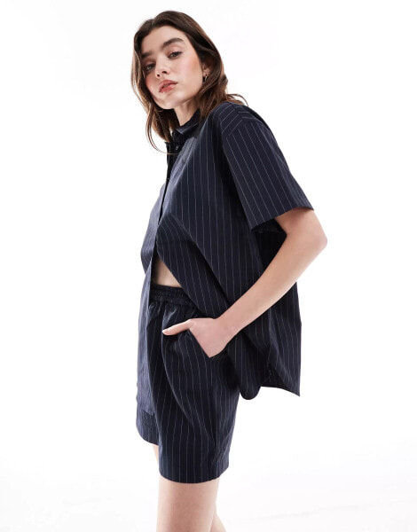 JDY oversized pinstripe co-ord short in navy