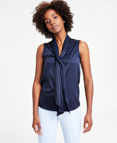 Women's Tie-Neck Sleeveless Satin Blouse, Created for Macy's
