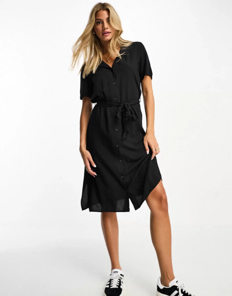 Pieces tie waist midi shirt dress in black