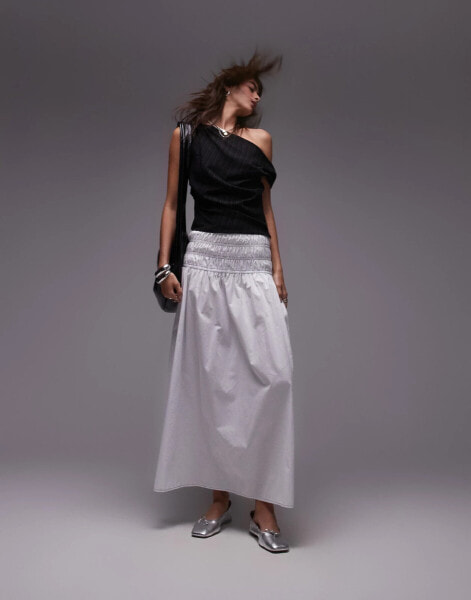 Topshop smocked waist maxi skirt in ivory with black topstitching