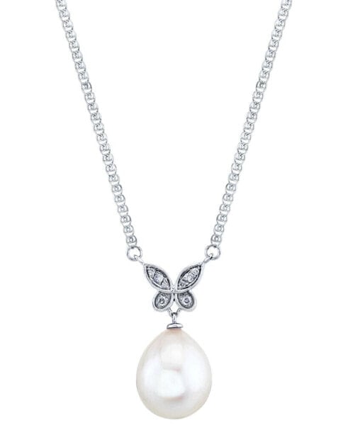 Macy's cultured Freshwater Pearl (11mm) & Diamond Accent Butterfly 16" Pendant Necklace 14k White Gold