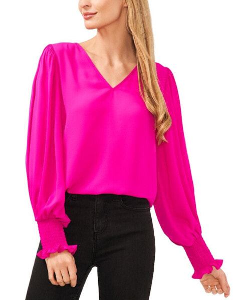 Women's Long-Sleeve Smocked-Cuff V-Neck Blouse