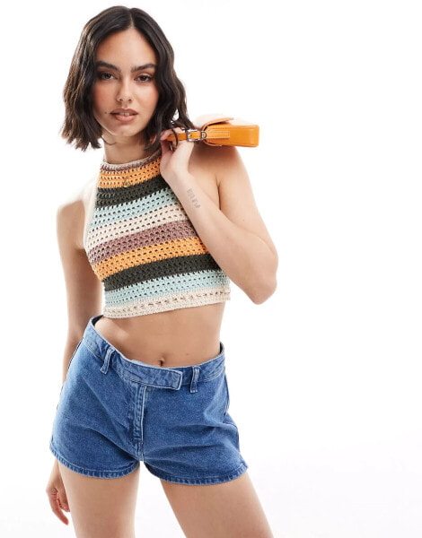 Superdry Cropped halter crochet top in satsuma stripe