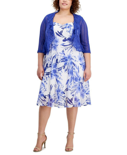 Plus Size Lace Cardigan and Floral-Print Dress