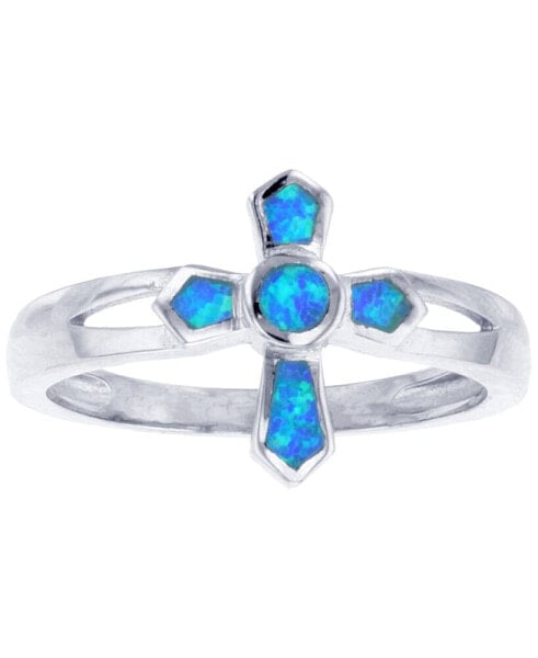 Lab-Grown Opal Inlay Cross Ring in Sterling Silver