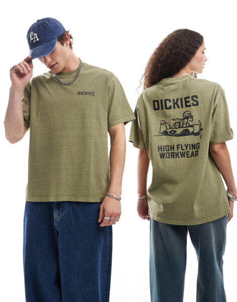 Dickies – T-Shirt in Khaki-Grün mit Flugzeug-Grafikprint auf dem Rücken