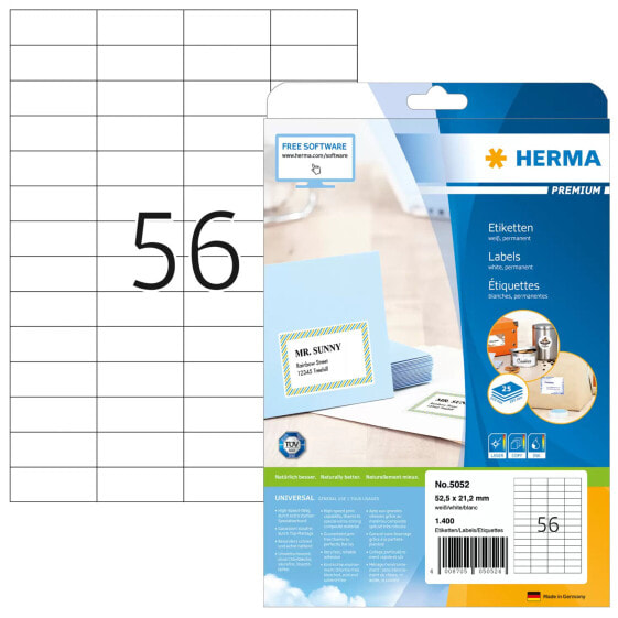 HERMA Labels Premium A4 52.5x21.2 mm white paper matt 1400 pcs. - White - Rectangle - Permanent - Paper - Matte - Laser/Inkjet
