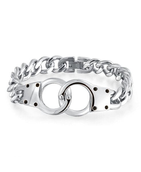 Biker Jewelry Interlocking Handcuff Bracelet with Padlock Curb Chain Stainless Steel 8.5 Inch