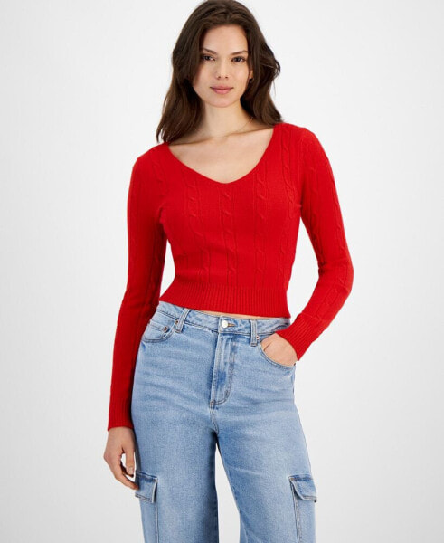 Juniors' Cropped V-Neck Cable-Knit Sweater