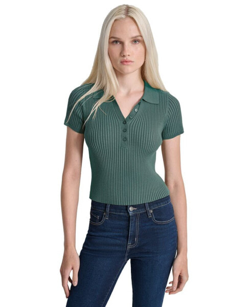 Women's Short-Sleeve Ribbed Knit Polo Shirt