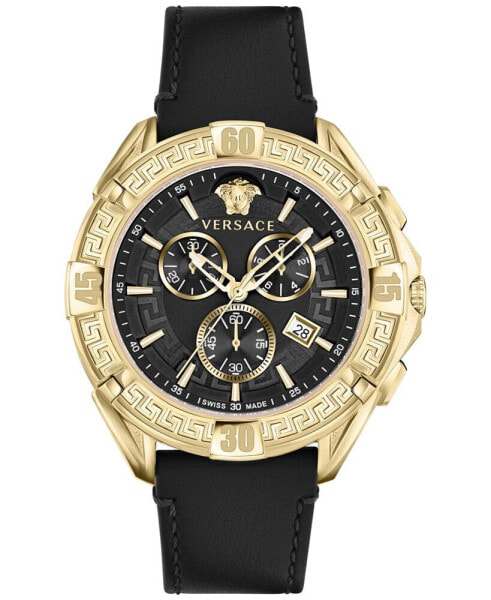 Men's Swiss Chronograph V-Greca Black Leather Strap Watch 46mm