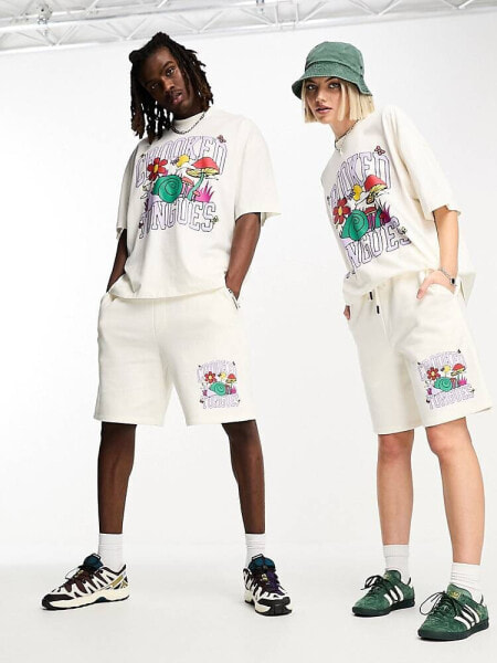 Crooked Tongues unisex co-ord relaxed short with snail graphic print in off white