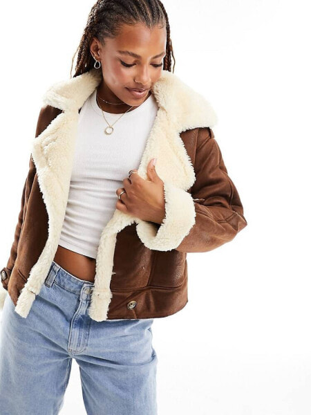 ONLY faux shearling aviator jacket in brown