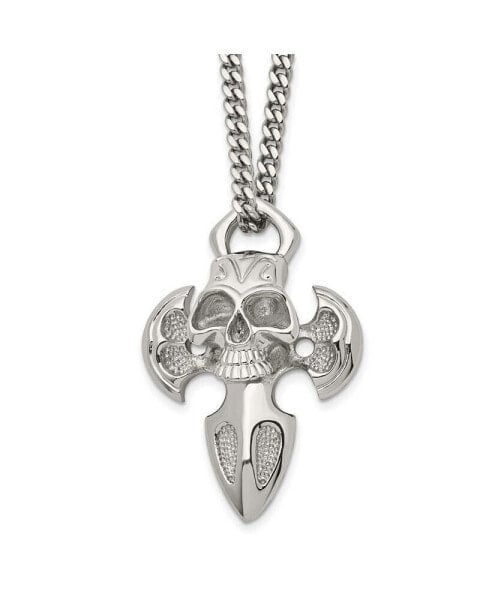 Chisel polished Cross with Skull Pendant on a Curb Chain Necklace