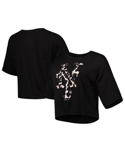 Women's Threads Black New York Mets Leopard Cropped T-shirt