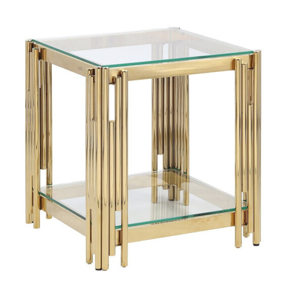 Furniture Wide Square End Table With Glass Top, Golden Stainless Steel Tempered Glass