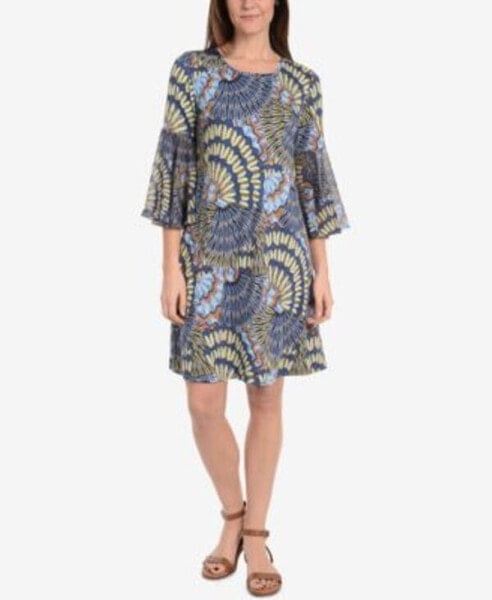 NY Collection Women's Printed Bell Sleeve Dress Ocean Blue M