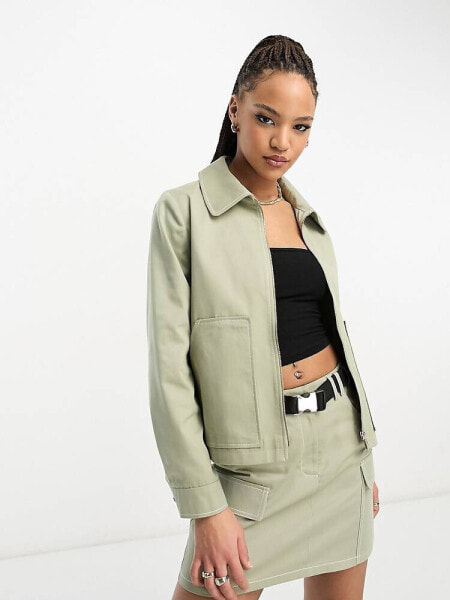 Miss Selfridge cargo utility zip front boxy jacket contrast stitching co-ord in khaki 