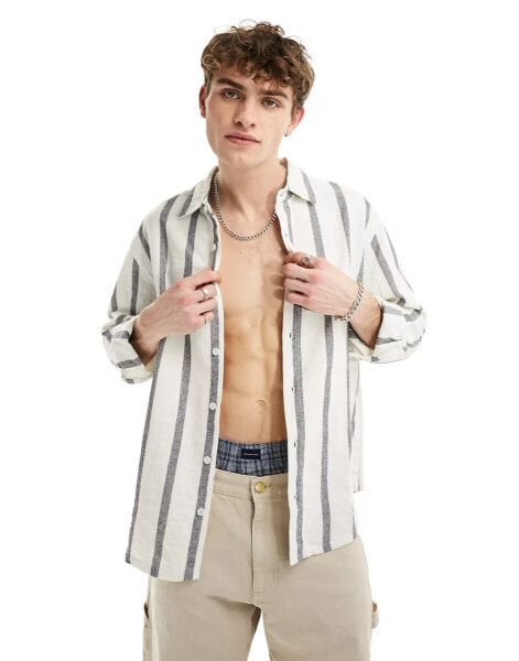 Pull&Bear revere neck long sleeve stripe shirt in ecru