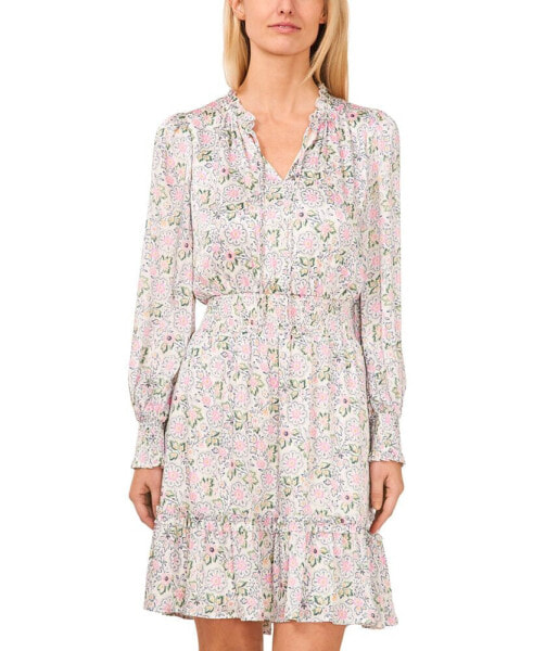 Women's Floral Tie-Neck Long Sleeve Smocked Ruffled Hem Dress