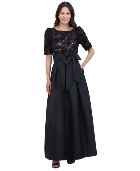 Petite Lace-Bodice Jewel-Neck Gown