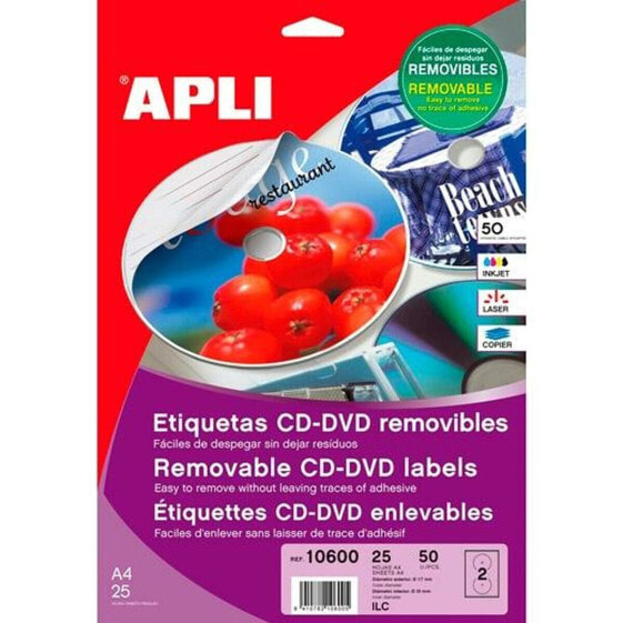 Этикетки принтера для CD/DVD APLI белые Ø 114 мм Ø 117 мм